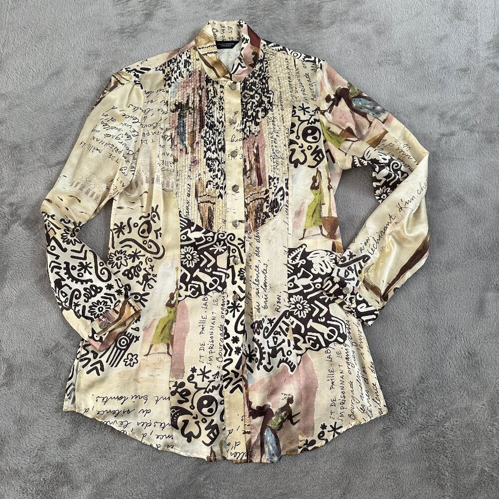 Javier Simorra 100% Silk Long Sleeve Button Down Shirt Blouse Women's US 10